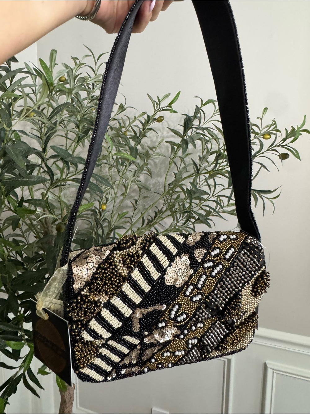 Made in India Black, white, and gold beaded handbag